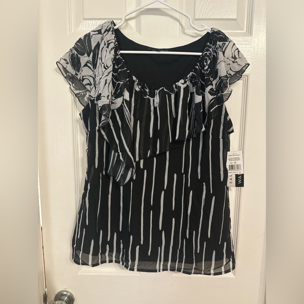 Sara Michelle Black White Chiffon Ruffle Blouse NWT Size Medium Career Top